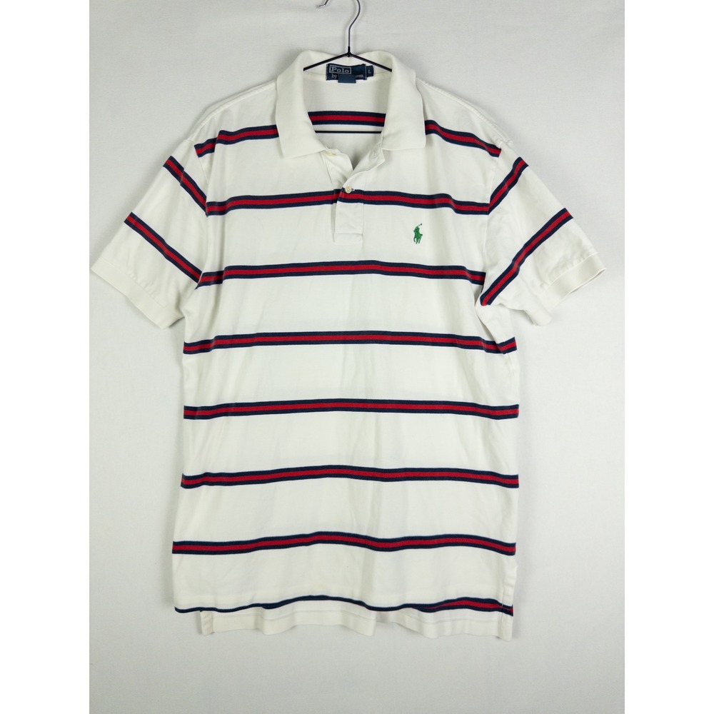 Polo Ralph Lauren Striped Pique Polo Shirt Mens L White Navy Red Preppy Classic